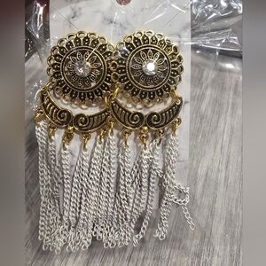 Bohemian Gold and White Tassel Fringe Earrings